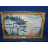 A framed Oil on board of a moonlit seascape with a fishing boat making for the open sea,