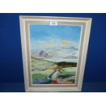 A framed Oil on canvas of a country landscape with a road leading past buildings and woodland to a
