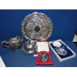 A silver plated serving tray, teapot, ashtray, oyster dish (boxed), etc.