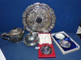 A silver plated serving tray, teapot, ashtray, oyster dish (boxed), etc.