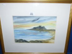 A well executed Watercolour by Colin Moss of a coastal skyline and Bambrugh castle,