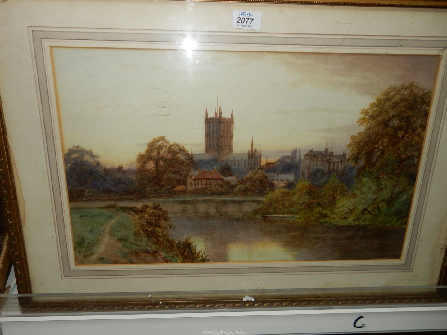 A framed and mounted Watercolour of Hereford Cathedral from across the River Wye, - Image 2 of 6