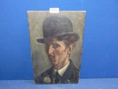 An unframed Oil portrait on canvas of a gentleman in a black suit and tie with bowler hat,