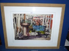 A large framed and mounted mixed media painting titled verso 'Gray Fence',