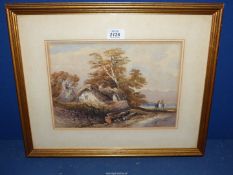 A framed and mounted Watercolour of a thatched cottage and two figures on horseback staring out to
