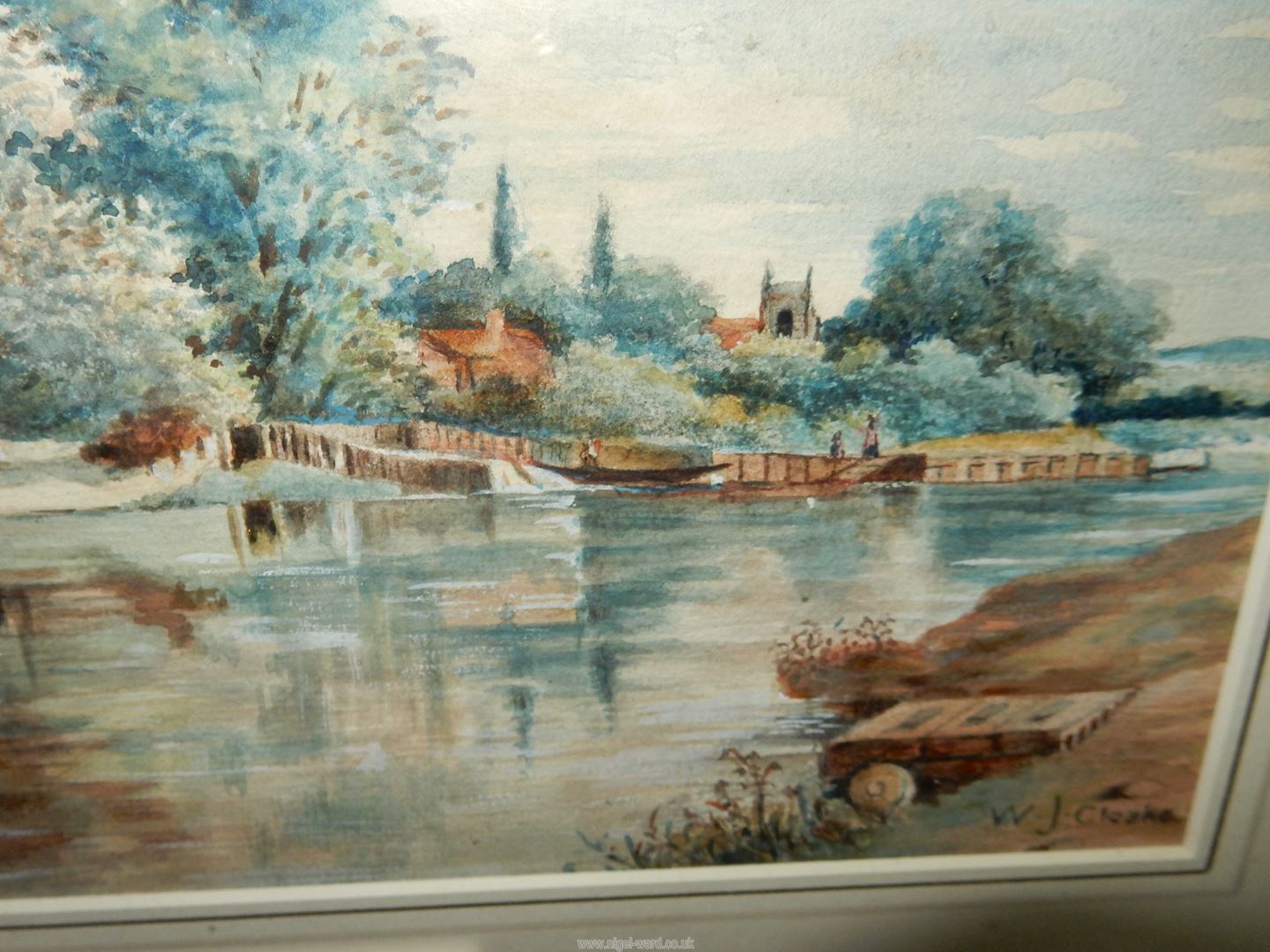 An oak framed Watercolour of a river landscape with figures in a boat and church in the distance, - Image 5 of 6