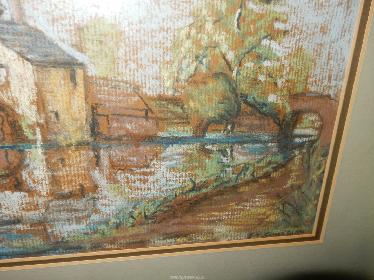 A framed and mounted Oil/Pastel of a house and river, signed lower right E.T. Jonathan, 17" x 14". - Image 3 of 4