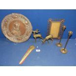 A quantity of brass and copper items including plaque of Henry VIII and Maria Auguste,(back a/f),