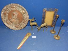 A quantity of brass and copper items including plaque of Henry VIII and Maria Auguste,(back a/f),