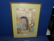 A framed and mounted Watercolour of an Arabian street scene with pots, ewers and carpet on sale,