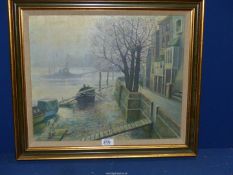 A framed Oil on board of an evening city river landscape with a gentleman on a jetty folding rope