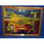 A colourful acrylic Oil abstract landscape, signature indistinct.