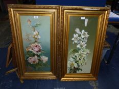 Two large floral Oils on board, no visible signature, 19'' x 33 3/4''.