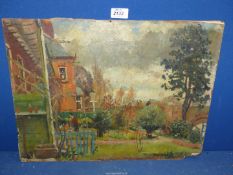 An unframed Oil on wood of a garden landscape with figures, signed middle right Makinson,