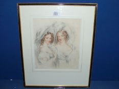 A framed and mounted mixed media depicting two sisters, no visible signature.