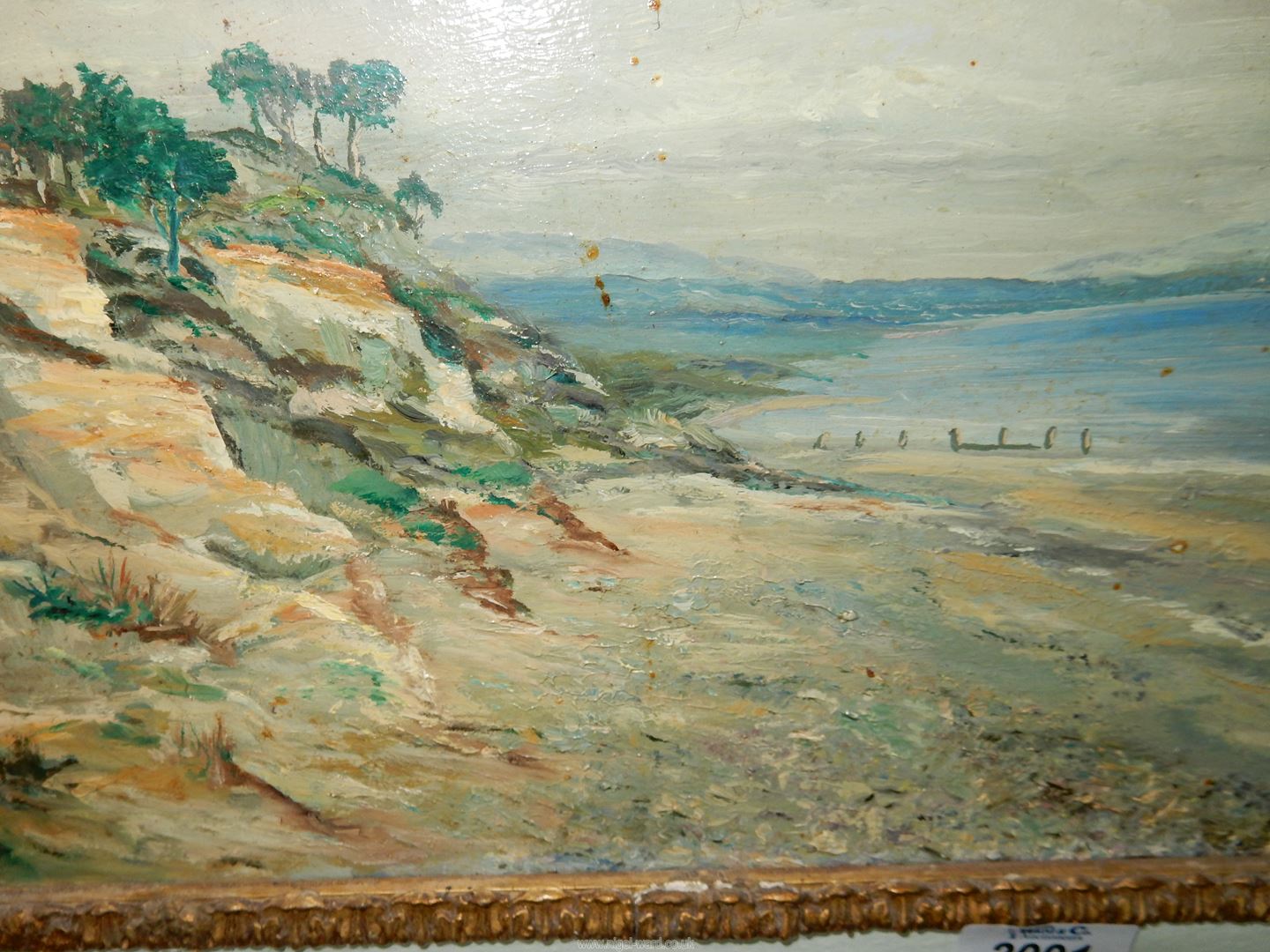 A framed Oil on board of a seascape with trees and rocky cliff to the foreground and hills in the - Image 3 of 4