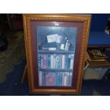 A large framed Print depicting a bookcase, 29'' x 42''.