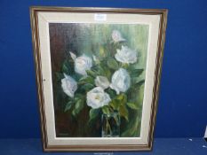 A framed Oil on board titled verso 'White Roses', signed lower left J. Ridout, 17'' x 21''.