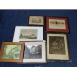 A quantity of prints including 'High Street, Kington', a coloured etching 'A Fish and Poultry Shop',