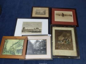 A quantity of prints including 'High Street, Kington', a coloured etching 'A Fish and Poultry Shop',