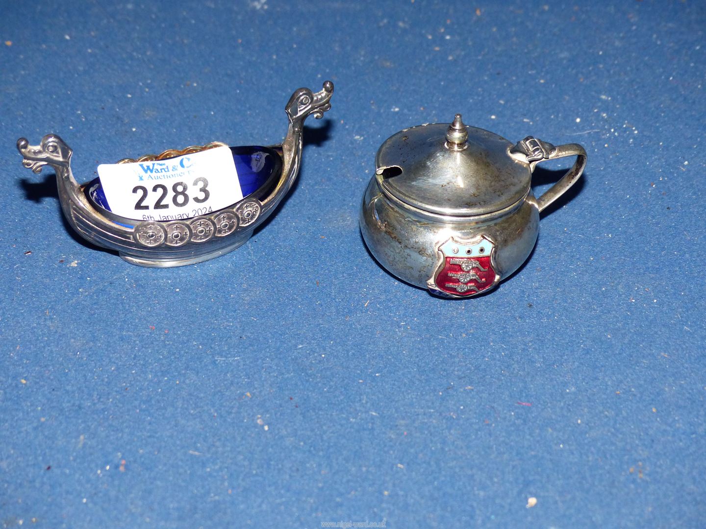 A 925 Norwegian silver salt in the form of a Viking warship and a plated souvenir salt cellar from - Image 2 of 2