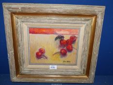 A wooden framed Oil on canvas of Cherries, signed lower right Irene Woods, 18 1/2'' x 16 1/2''.