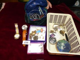 A small quantity of costume jewellery including watches, brooches, Stratton compact, Parker pen,