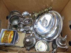 A quantity of plate including entree dishes, tankard, wine coasters,