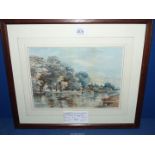 An oak framed Watercolour of a river landscape with figures in a boat and church in the distance,