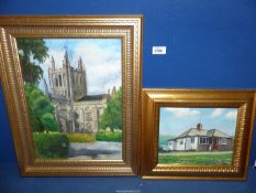 A gilt framed Oil on metal depicting a bungalow, unsigned,