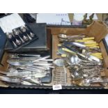 A quantity of cutlery including engraved set of six Mother of Pearl handled knives and forks,