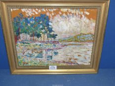 A framed impressionist Oil on canvas of a river landscape, initialled lower left A.J.