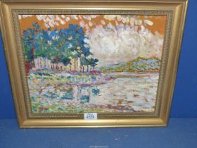 A framed impressionist Oil on canvas of a river landscape, initialled lower left A.J.