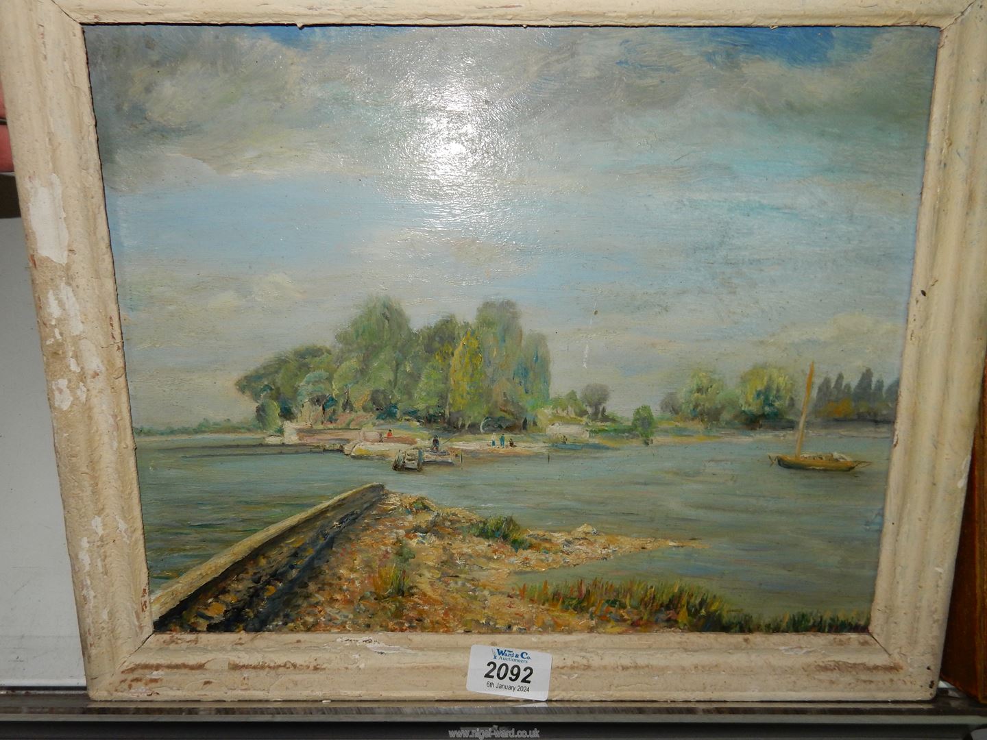 A framed Oil on board of an estuary with moored sailing boat and person fishing, - Image 2 of 4