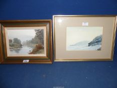 A framed Oil on canvas depicting a river scene with a figure fishing, written verso 'Misty Morning,