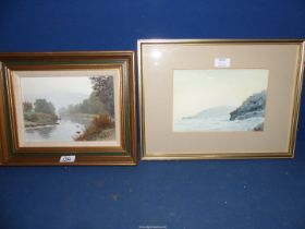 A framed Oil on canvas depicting a river scene with a figure fishing, written verso 'Misty Morning,