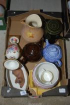 A box of miscellaneous china, and teapots, etc.
