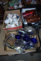 Three boxes of china, metal, and glass,etc.