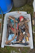 A plastic tray of Tools, Tape-measures and Axe head, etc.