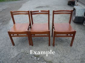 Six stackable Oak and other woods kitchen chairs.