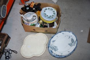A box of miscellaneous china, including novelty teapots, Jardiniere, etc.