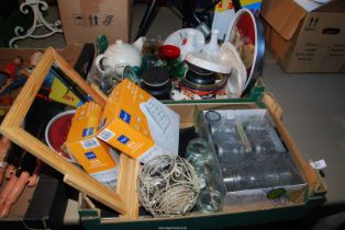 Two boxes of mixed china, a 'Big Button' phone, table mirror, glass and teapots,etc.