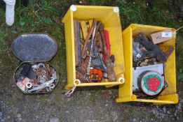 A box of old Keys, Impact Tool, Wire-Stripper and Door Fittings.
