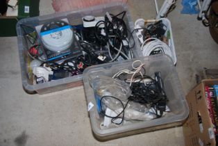 Two boxes of electrical, cables and batteries, etc.