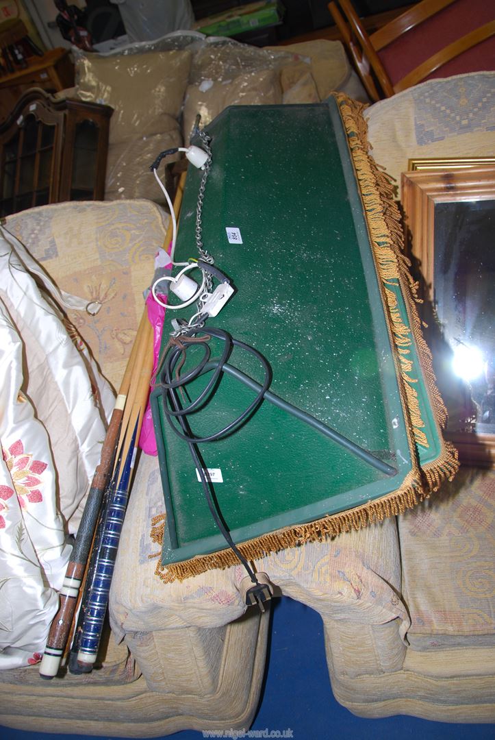 Two pool table lights with 5 cues and balls, etc.