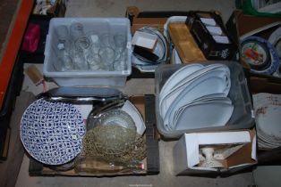 Various kitchenware, including a cake stand, and glasses, plus plain white serving dishes, etc.