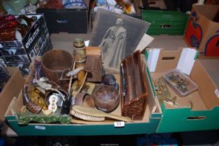 Two boxes of miscellaneous including candle holders, brushes, letter rack and horse brass, etc.