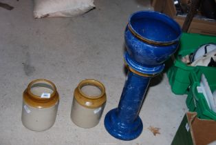 Two glazed pots, stand, and a Jardiniere.