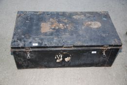 Tin trunk and contents, fuel can, saws and set square. etc.