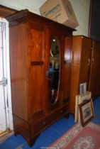 A Mahogany double wardrobe with inlaid details to panels with lower drawer (and key) - 47" wide x